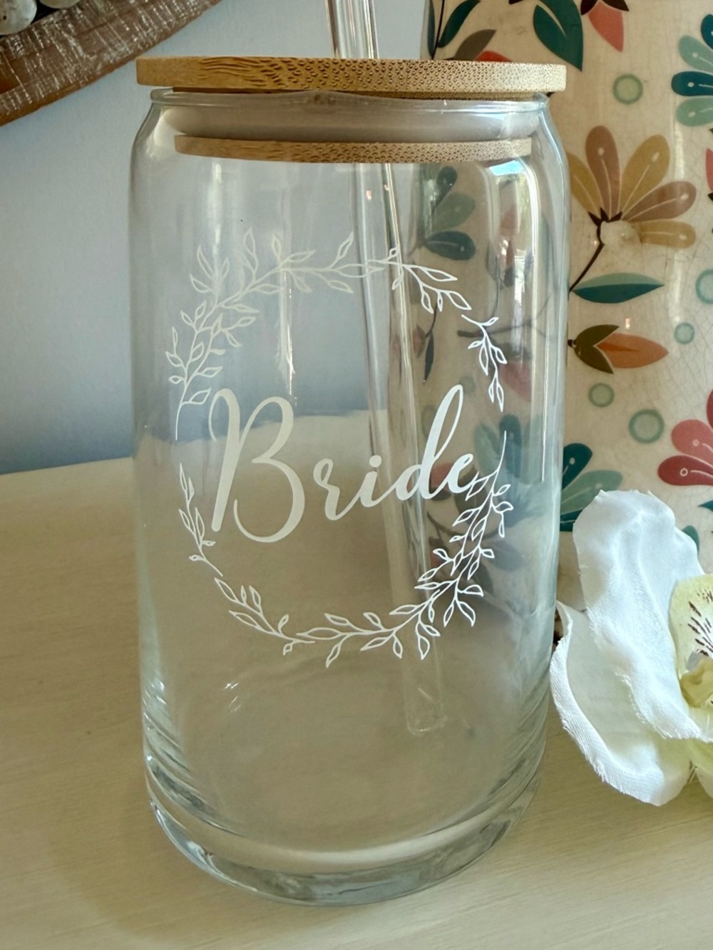 ✨ Bride Glass Can Cup Bamboo Lid Straw Wedding Bridal Shower Gift ✨